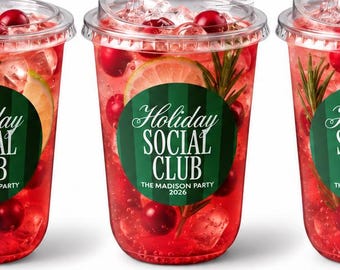 Christmas Social Club Cups - Holiday Coffee Favors - Hot Toddy Clear Plastic Cups with Clear Lids - Stickers - 2.5" Round Labels