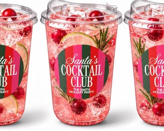 Santa's Cocktail Club Cups - Holiday Party Favors - Christmas Cocktail Clear Plastic Cups with Clear Lids - Stickers - 2.5" Round Labels