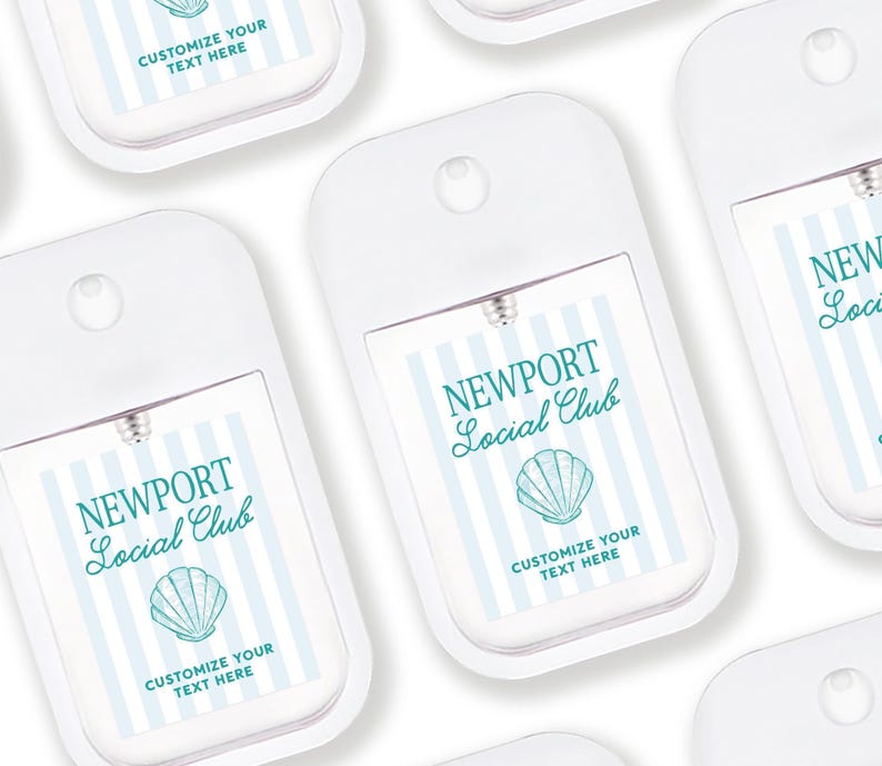 several white hand sanitizer dispensers with blue and white striped labels.