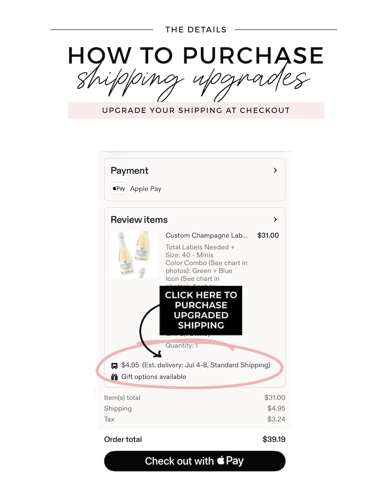 a shopping cart with a product called "Custom Champagne Lab..." priced at $31.00. The cart also contains a total of four bottles of wine, with one bottle being a "Color Champagne Box Chart" and the other three being "White" bottles. The cart is being purchased at a checkout, and the total cost is $39.19.