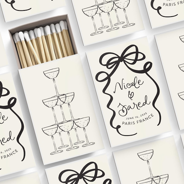 Ribbon and Bow Wedding Matches - Hand Drawn Champagne and Bows - Champagne Tower - SET OF 50 - Personalized Matches - Cigar Bar Matchbooks