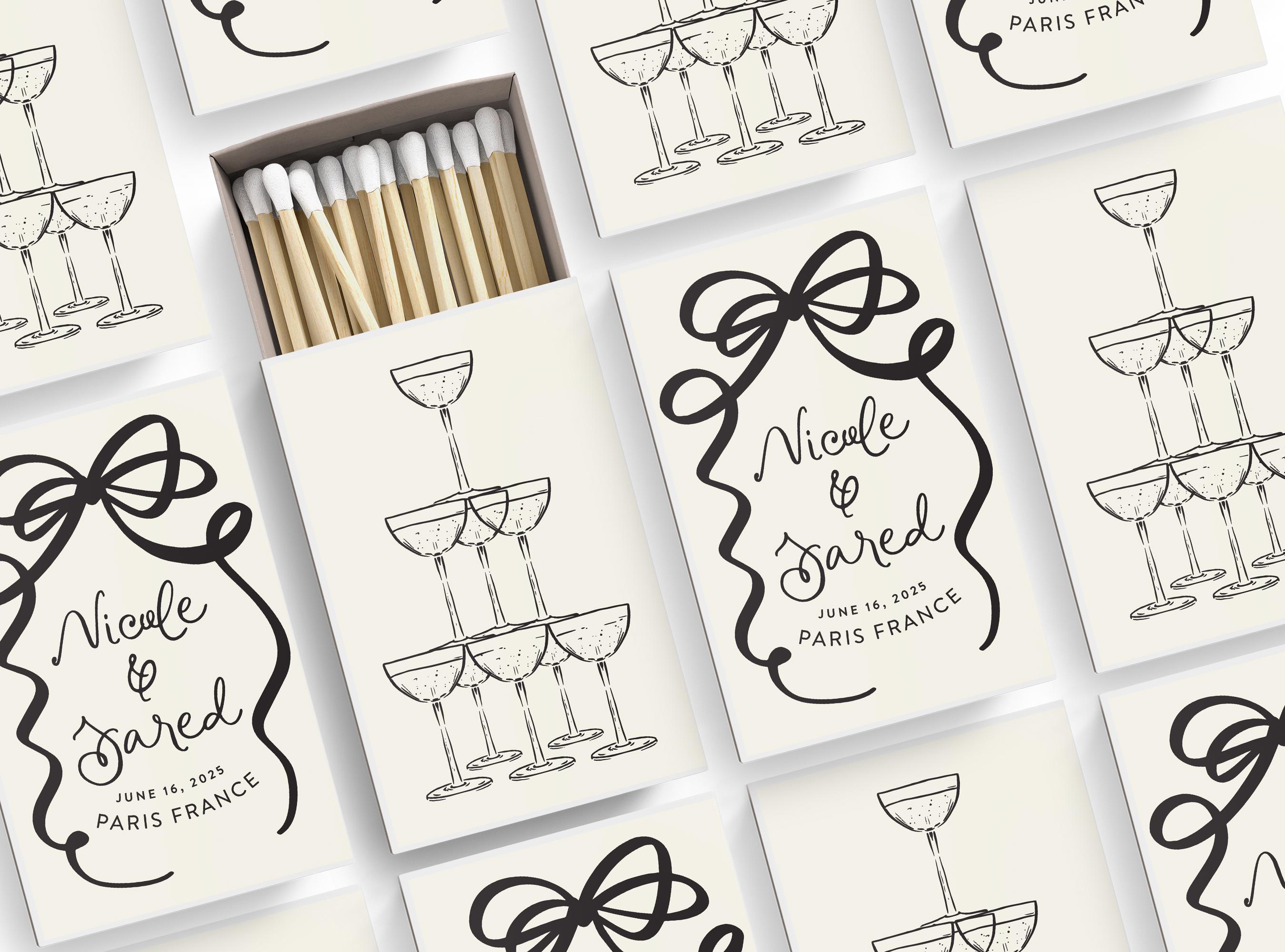 Ribbon and Bow Wedding Matches - Hand Drawn Champagne and Bows - Champagne Tower - SET OF 50 - Personalized Matches - Cigar Bar Matchbooks