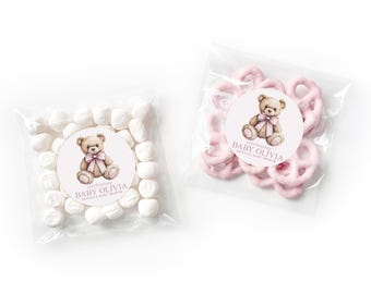 Elegant Baby Shower Teddy Bear Favors - Bear Theme Favor - Custom Bear Stickers - Clear Favor Bags - Neutral Baby Shower - Teddy Bear - BULK