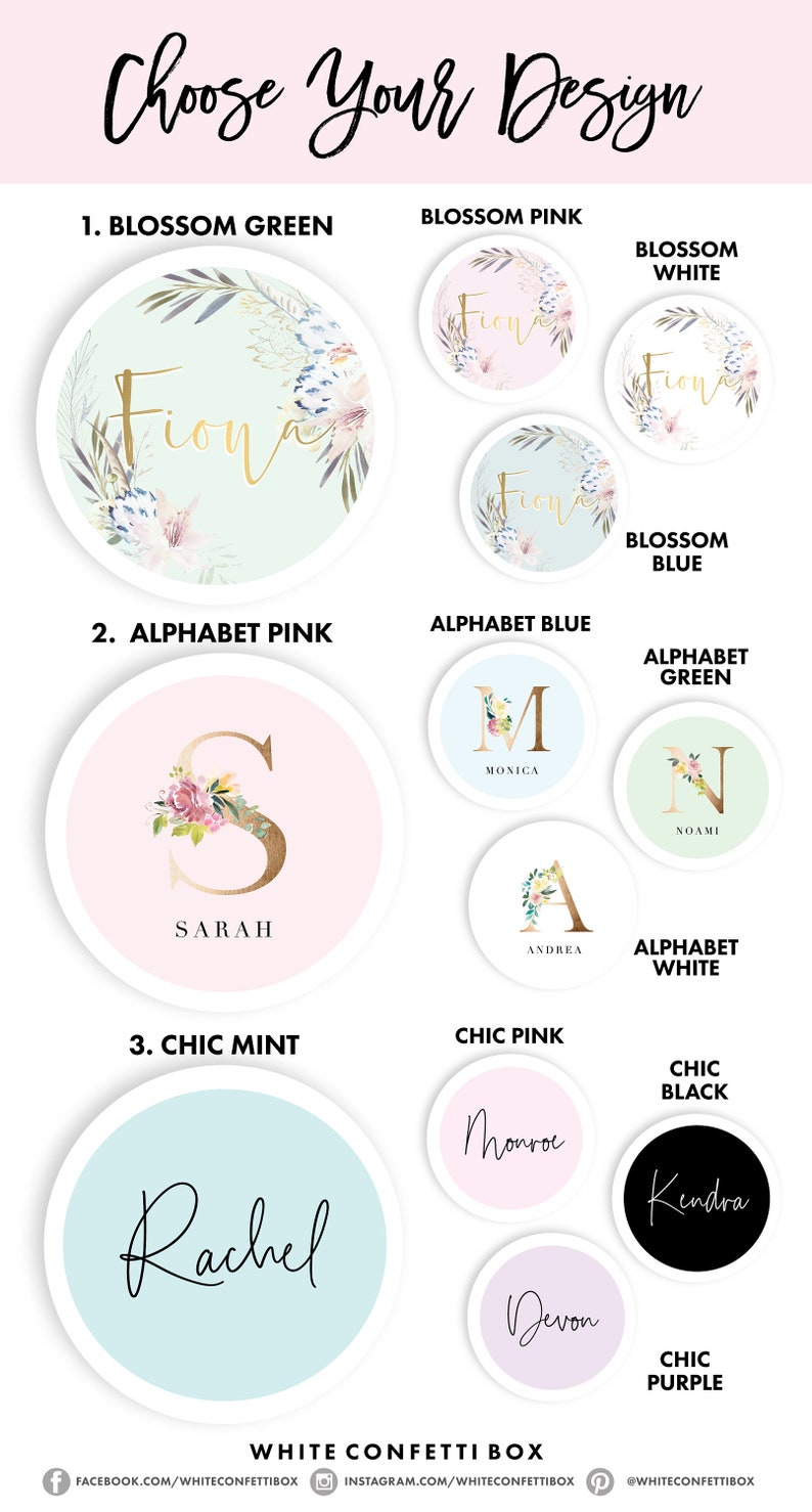 K&ouml;nnte beinhalten: Eine Tabelle mit 12 verschiedenen Designs f&uuml;r personalisierte runde Aufkleber. Die Designs umfassen Blumenmuster, Buchstaben des Alphabets und einfachen Text. Die Farben umfassen Gr&uuml;n, Pink, Blau, Wei&szlig;, Schwarz und Lila.