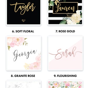 May include: Nine different designs for personalized gift boxes. Each design features a different background pattern and a name in a stylish font. The designs include gold glam, garden stripe, soft floral, rose gold, granite rose, and flourishing.