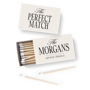 a set of matchsticks with a label that reads "The Perfect Match" and "The Morgans" on them.