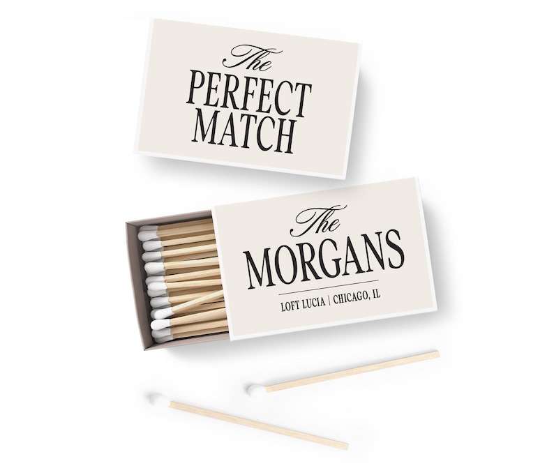 a set of matchsticks with a label that reads "The Perfect Match" and "The Morgans" on them.