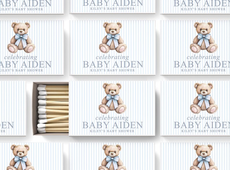 a collection of baby shower invitation cards, each featuring a teddy bear and the text "celebrating BABY AIDEN KLEYLEY'S BABY SHOWER".