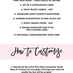 K&ouml;nnte beinhalten: Eine Liste der Artikel, die in einer Geschenkbox enthalten sind, darunter ein ros&eacute;goldenes Weinglas, eine Schlafmaske aus Seide, Affirmationskarten, eine Reisekerze, Konfetti-K&ouml;rpercreme, Streichh&ouml;lzer, Knitterpapier, eine Geschenkbox und eine Gru&szlig;karte. Der Text lautet "What's Included" und "How to Customize".