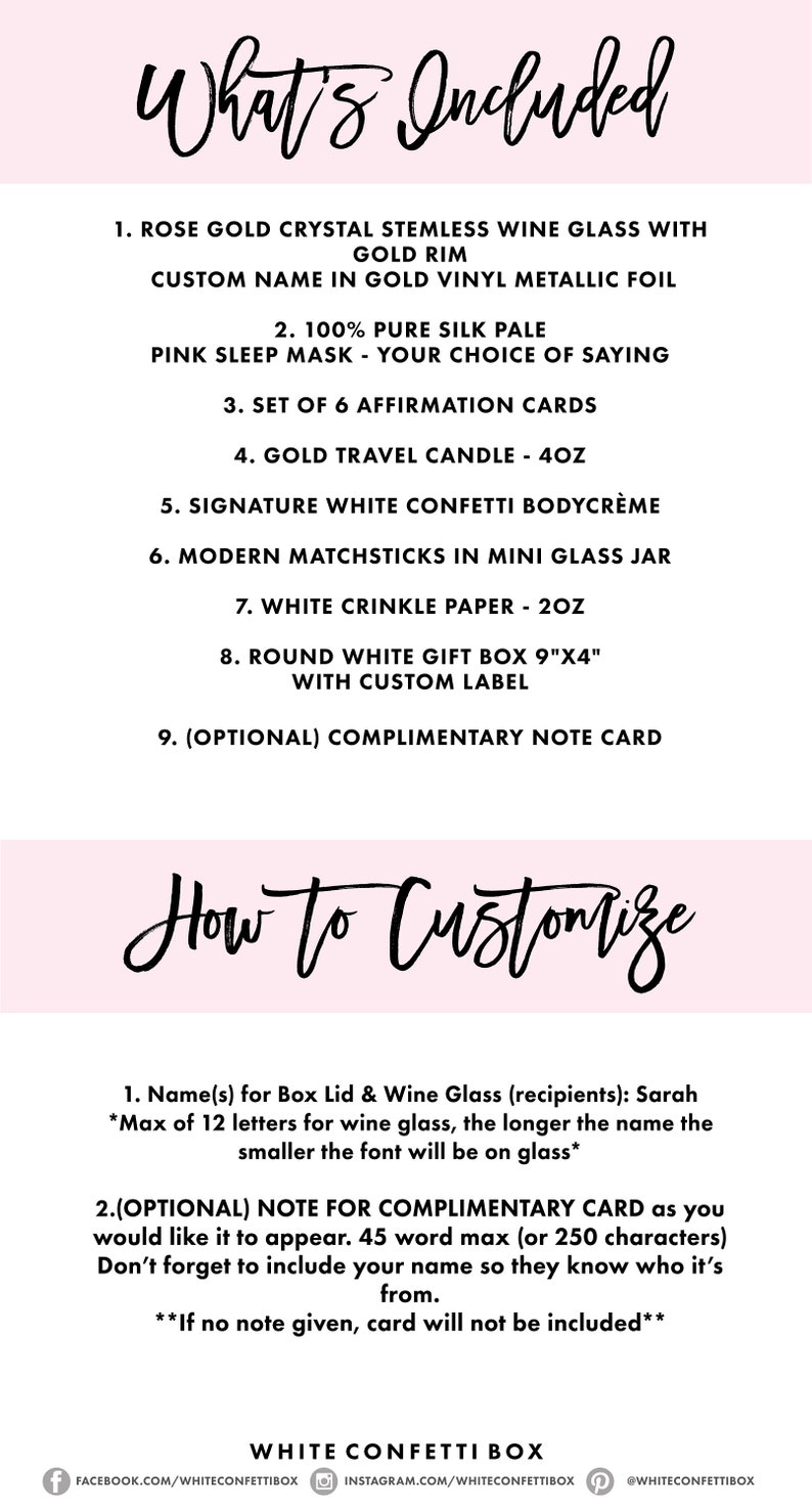 K&ouml;nnte beinhalten: Eine Liste der Artikel, die in einer Geschenkbox enthalten sind, darunter ein ros&eacute;goldenes Weinglas, eine Schlafmaske aus Seide, Affirmationskarten, eine Reisekerze, Konfetti-K&ouml;rpercreme, Streichh&ouml;lzer, Knitterpapier, eine Geschenkbox und eine Gru&szlig;karte. Der Text lautet "What's Included" und "How to Customize".