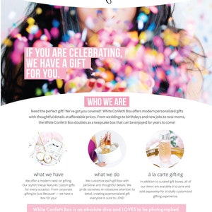 May include: White Confetti Box offers personalized gift boxes for various occasions, including weddings, birthdays, and new jobs. The boxes are designed with thoughtful details and can be used as keepsakes. The image shows a woman blowing confetti, with text that reads "If you are celebrating, we have a gift for you." and "White Confetti Box is an absolute diva and LOVES to be photographed. TAG US in your photos and videos!"