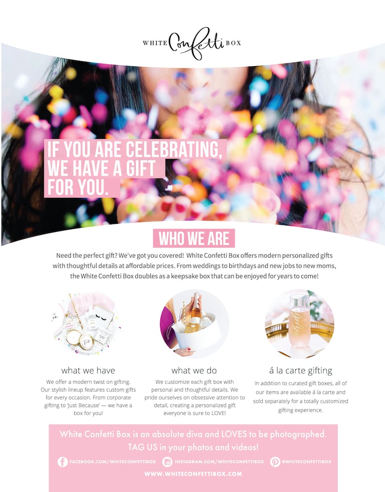 May include: White Confetti Box offers personalized gift boxes for various occasions, including weddings, birthdays, and new jobs. The boxes are designed with thoughtful details and can be used as keepsakes. The image shows a woman blowing confetti, with text that reads "If you are celebrating, we have a gift for you." and "White Confetti Box is an absolute diva and LOVES to be photographed. TAG US in your photos and videos!"