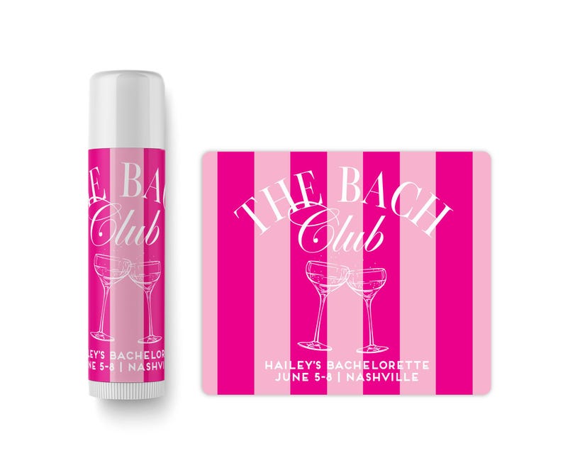 a pink and white design with the text "THE BACCH CLUB" and illustrations of champagne glasses.