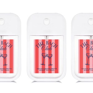 three identical hand sanitizer dispensers with a red and white striped design and text that reads "The Bac Club" and "Haley's Bachelorette August 5-9 Miami".