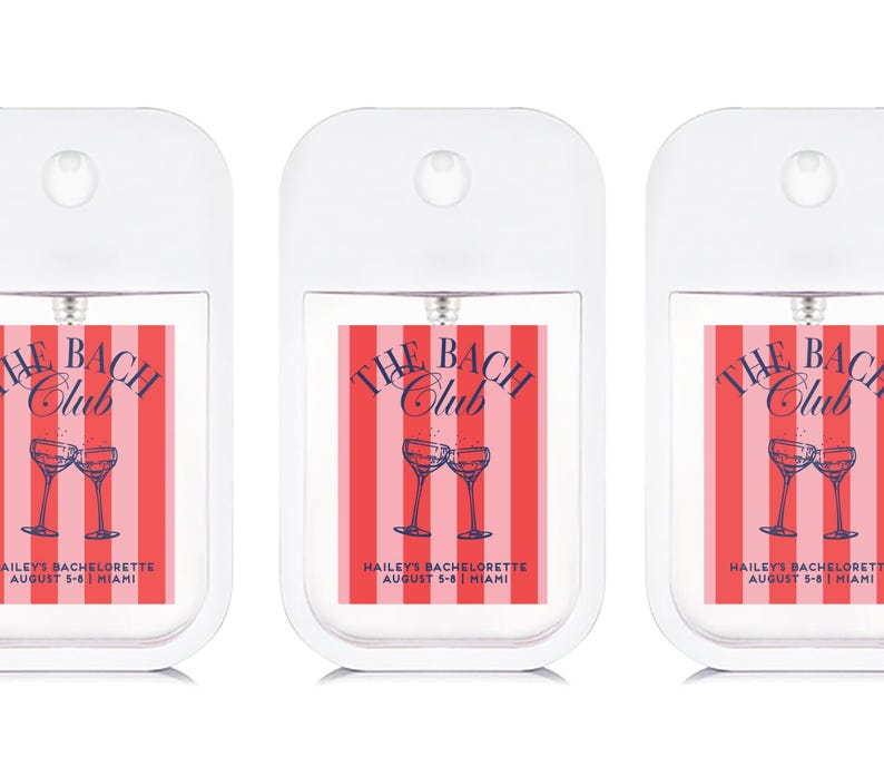 three identical hand sanitizer dispensers with a red and white striped design and text that reads "The Bac Club" and "Haley's Bachelorette August 5-9 Miami".