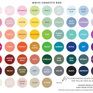 Peut inclure: Un nuancier avec 60 &eacute;chantillons de couleurs diff&eacute;rents, chacun avec un nom. Les couleurs sont dispos&eacute;es en grille. Le nuancier est intitul&eacute; "White Confetti Box".