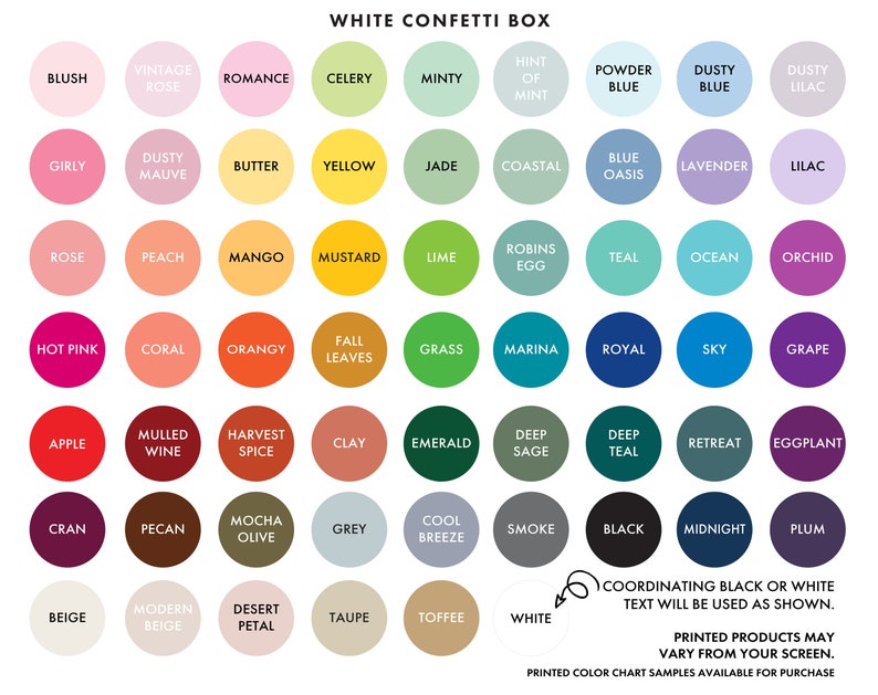 Peut inclure: Un nuancier avec 60 &eacute;chantillons de couleurs diff&eacute;rents, chacun avec un nom. Les couleurs sont dispos&eacute;es en grille. Le nuancier est intitul&eacute; "White Confetti Box".