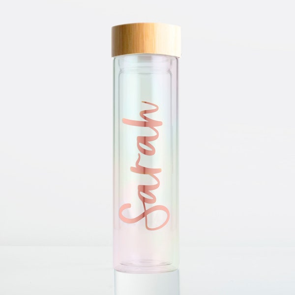 Personalized Glass Water Bottle - Custom Travel Mug - Tea Infuser - Fruit Infuser - Iridescent Glass Bottle - Bridal Party Water Bottle