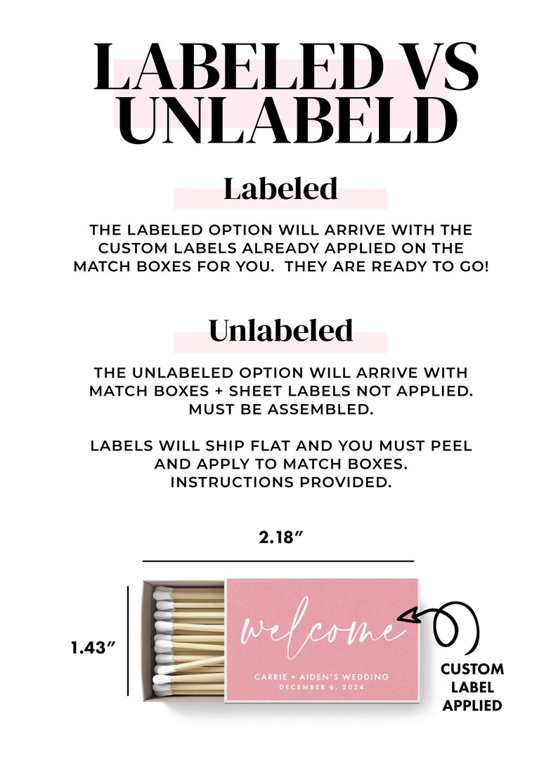 The image is a text-based image that provides information about two different options for labels on match boxes. The text is in black and white, and it includes a pink background with a welcome message and some text. The image is not a collage of multiple images, and it does not describe each individual element. The text is focused on the labels and their application on match boxes.