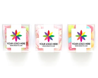 May include: Three clear plastic boxes filled with colorful gummy candies. Each box has a white label with a colorful logo and the text "YOUR LOGO HERE" and "www.website.com".