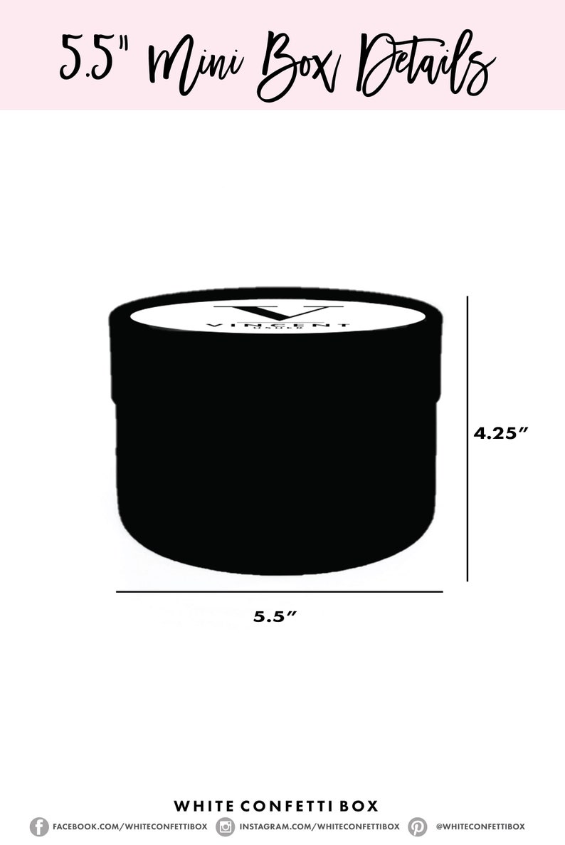 K&ouml;nnte beinhalten: Eine schwarze runde Box mit einem wei&szlig;en Deckel und dem Text "WHITE CONFETTI BOX" auf dem Deckel. Die Box hat einen Durchmesser von 5,5 Zoll und eine H&ouml;he von 4,25 Zoll.
