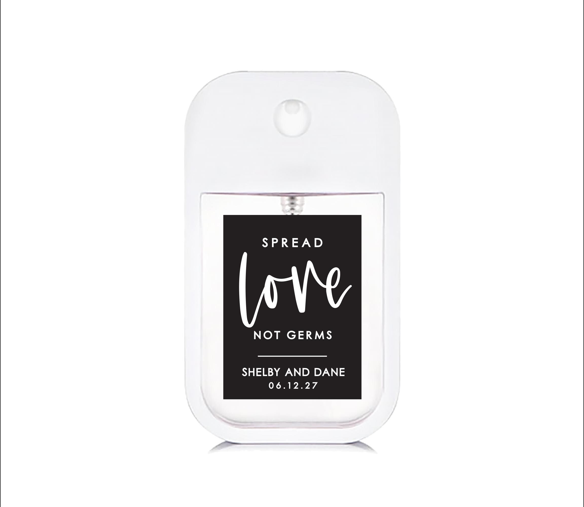 BULK Hochzeitsgeschenk Handdesinfektionsmittel - Spread Love Not Germs - Trendy und personalisiertes Duschgeschenk - Partygeschenke - Flasche im Kartenstil