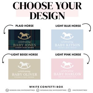 May include: Image featuring four baby shower design options. The options include a plaid design, light blue, light beige, and light pink. Each design features a rocking horse graphic and the text "celebrating BABY" followed by a name and baby shower details.