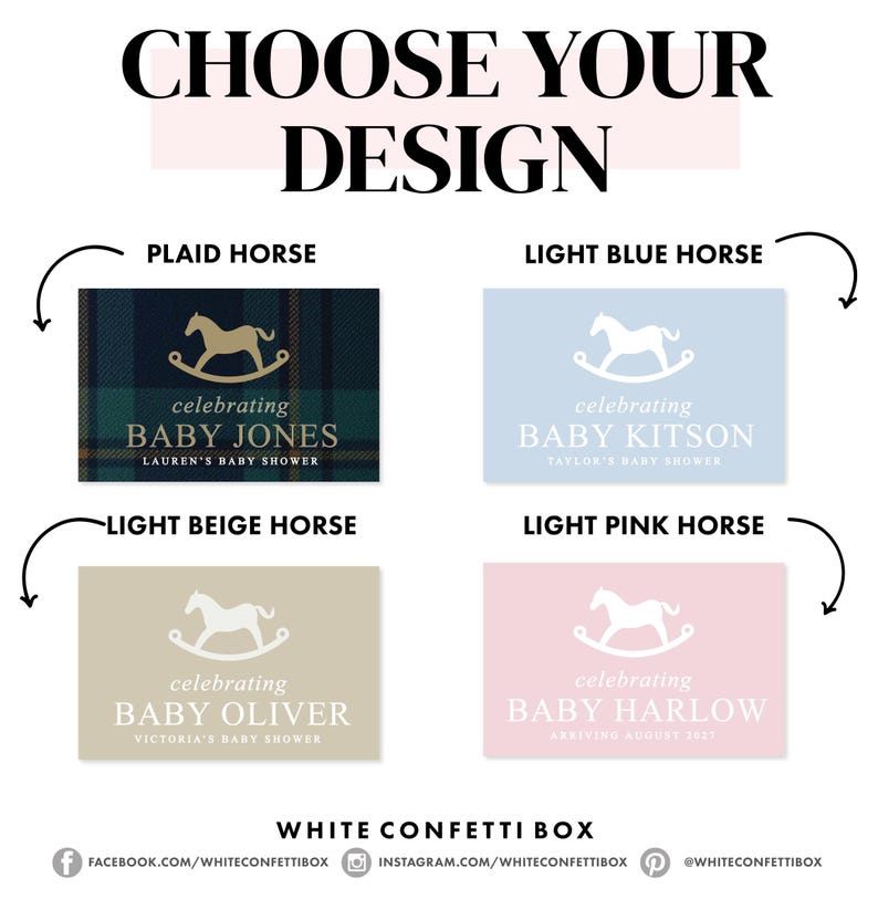 May include: Image featuring four baby shower design options. The options include a plaid design, light blue, light beige, and light pink. Each design features a rocking horse graphic and the text "celebrating BABY" followed by a name and baby shower details.