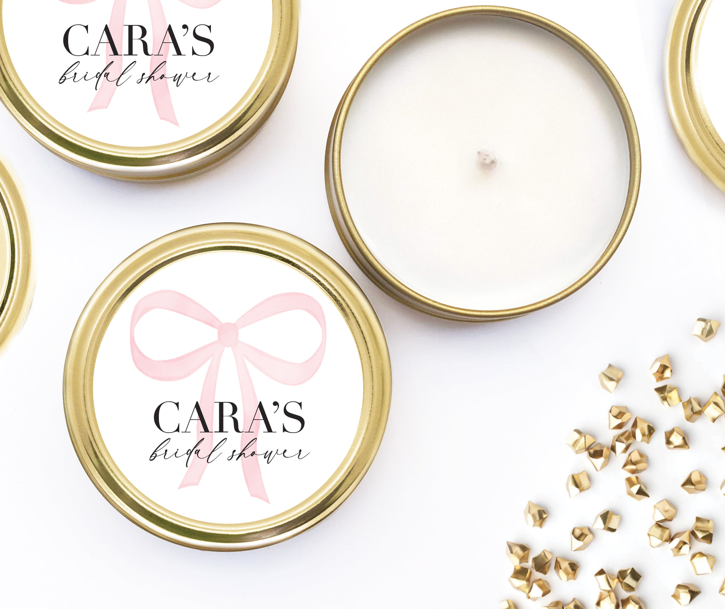 Pink Bow Bridal Shower Favors Personalized - Gold Candle Tins - Wedding Candle Favors - Engagement Shower Favors - Wedding Favors - BULK