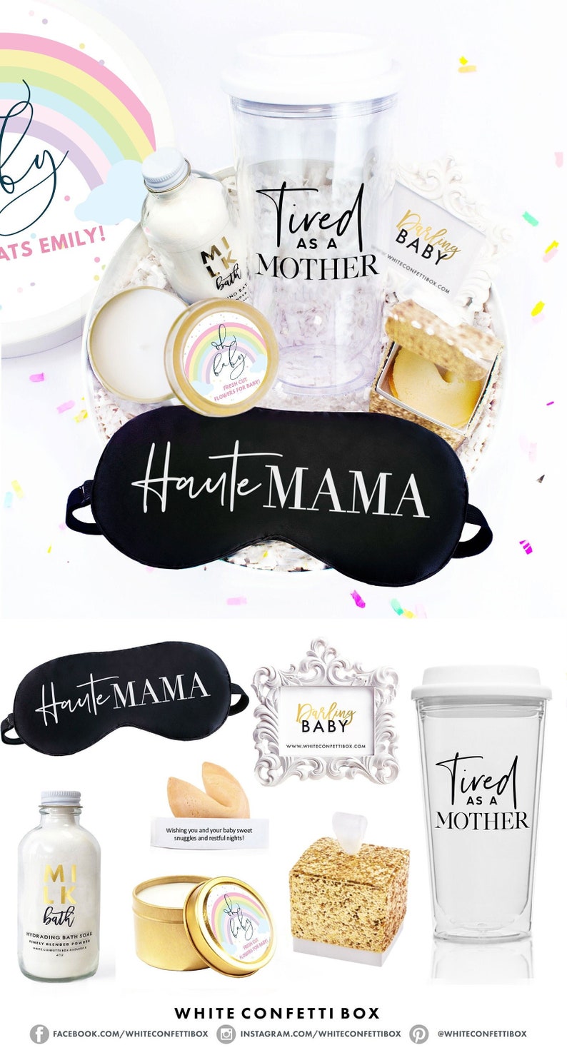 Baby Shower Gift Pregnancy Gift Box New Mom Gift Basket Tired as a Mother New Baby Gift New Mom Mom To Be Gift Pregnancy Kit Rainbow Script