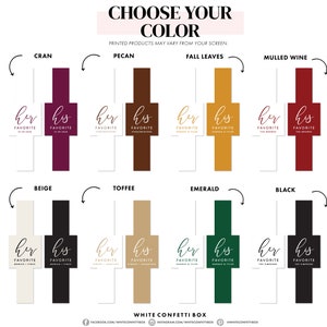 May include: A graphic showing ten different color options for a personalized confetti box. The colors are: Cran, Pecan, Fall Leaves, Mulled Wine, Beige, Toffee, Emerald, Black. The text on the boxes reads "her favorite" and "his favorite".