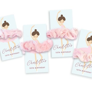May include: Four pink and white ballerina-themed party favour tags with a pink scrunchie attached to each. The tags feature a cartoon ballerina with the text "Charlotte's 10th Birthday".