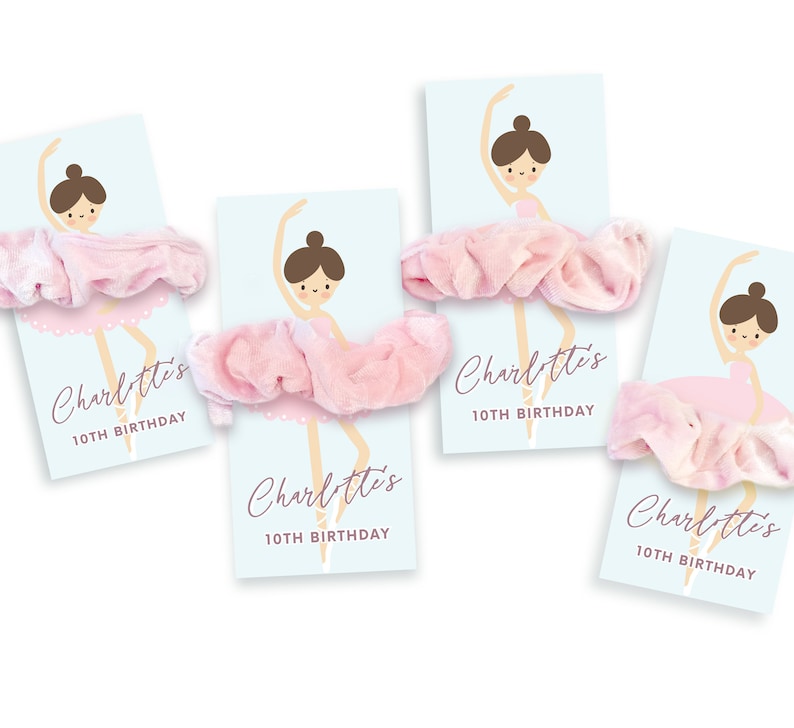 May include: Four pink and white ballerina-themed party favour tags with a pink scrunchie attached to each. The tags feature a cartoon ballerina with the text "Charlotte's 10th Birthday".