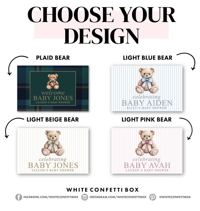 The image is a collage of four different teddy bear designs, each with a unique color and style, along with text that describes the bear and its design.
