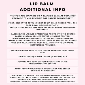 a list of instructions for shipping lip balms, including information about upgrading to air shipping for safer transport, choosing design options, adding custom information, reviewing order information, and selecting shipping options.