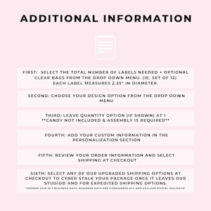 Peut inclure: Un graphique rose et blanc avec le texte "INFORMATIONS COMPL&Eacute;MENTAIRES" en noir. Le graphique fournit des instructions pour commander des &eacute;tiquettes personnalis&eacute;es, notamment la s&eacute;lection du nombre d'&eacute;tiquettes, des options de conception et des options d'exp&eacute;dition. Le texte indique &eacute;galement que les commandes sont exp&eacute;di&eacute;es en 3 jours ouvrables.