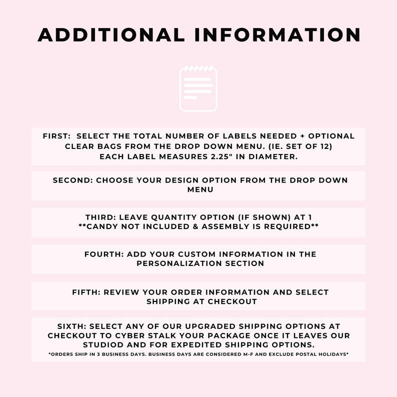 Peut inclure: Un graphique rose et blanc avec le texte "INFORMATIONS COMPL&Eacute;MENTAIRES" en noir. Le graphique fournit des instructions pour commander des &eacute;tiquettes personnalis&eacute;es, notamment la s&eacute;lection du nombre d'&eacute;tiquettes, des options de conception et des options d'exp&eacute;dition. Le texte indique &eacute;galement que les commandes sont exp&eacute;di&eacute;es en 3 jours ouvrables.