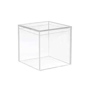 May include: A clear plastic cube-shaped box with a lid. The box is empty.