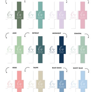 May include: A chart showing different color options for personalized wedding favor boxes. The colors include deep sage, robin's egg blue, lilac, dusty mauve, jade, retreat, midnight blue, coastal, rose, taupe, blue oasis, and dusty blue. The text on the chart says "Choose Your Color" and "Printed products may vary from your screen."
