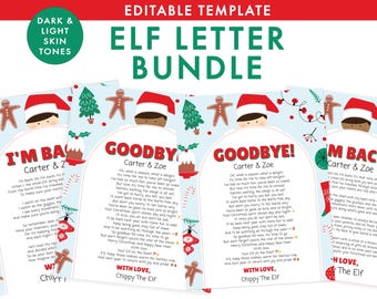 May include: An editable elf letter bundle featuring four distinct Christmas-themed stationery designs. Each letter displays festive illustrations of gingerbread men, Christmas trees, and red ornaments, with text including "I'm Back" and "Goodbye!" from Chippy The Elf.