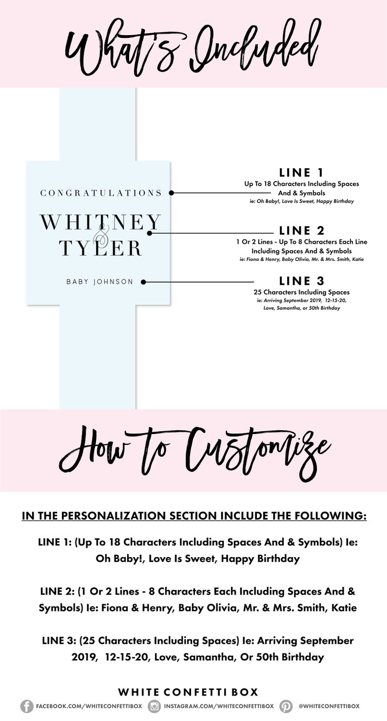 May include: A light blue and white printable card with the text "What's Included" and "How to Customize". The card provides instructions on how to personalize a printable card with a name, date, and other details. The card also includes the text "Congratulations Whitney Tyler Baby Johnson".