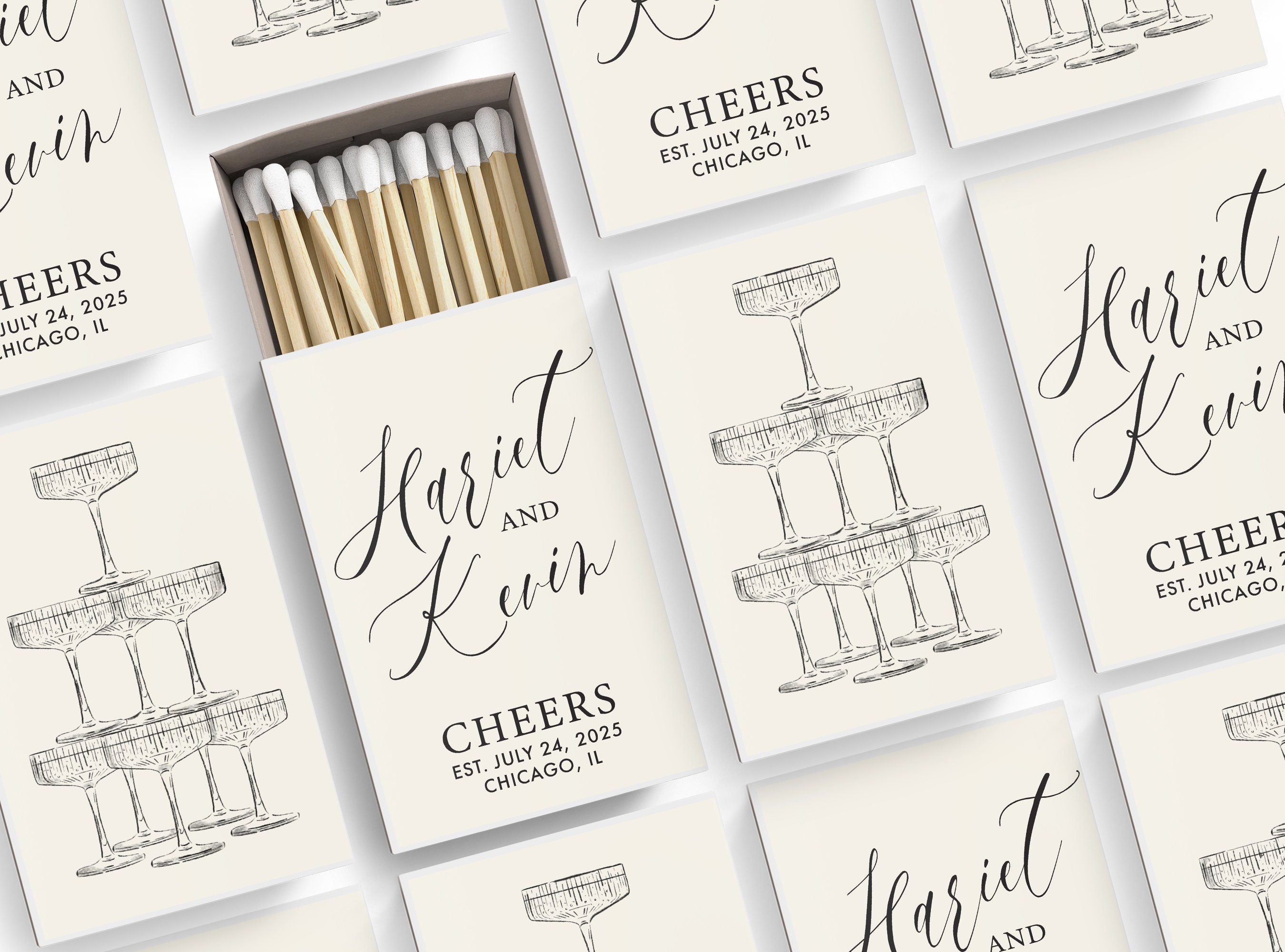 (Set of 50)Personalized Matches, Wedding Favors, Champagne Tower, Reception Favors, Bridal Shower, Engagement, Custom Party Favors