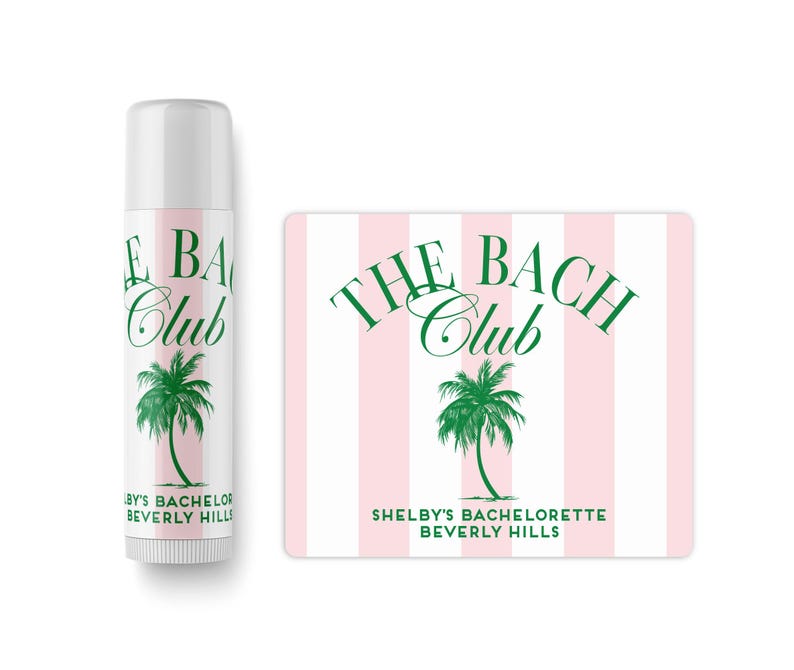 a bottle of lotion and a sticker with the text "The Bach Club" and a palm tree graphic.