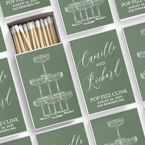 a collection of green and white wedding invitation cards, each featuring a stylized illustration of champagne glasses and the names "Carille and Richard" written in elegant cursive script.