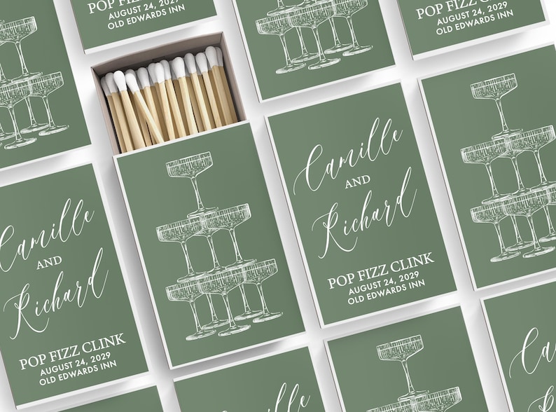 a collection of green and white wedding invitation cards, each featuring a stylized illustration of champagne glasses and the names "Carille and Richard" written in elegant cursive script.
