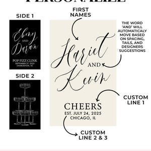 The image is a detailed guide on how to personalize wedding invitations, with a focus on the first names and the custom line. It includes text and images related to the customization process, such as the word 'and' and the custom line, as well as the use of safety matches and the custom line. The image is double-sided, with art on opposite sides, and it is a collage of multiple images.