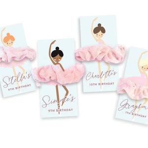 May include: Four pink scrunchies with ballerina-themed cards attached. The cards have different names and ages on them, including Stella's 9th Birthday, Simone's 9th Birthday, Charlotte's 10th Birthday, and Grayson's 7th Birthday.