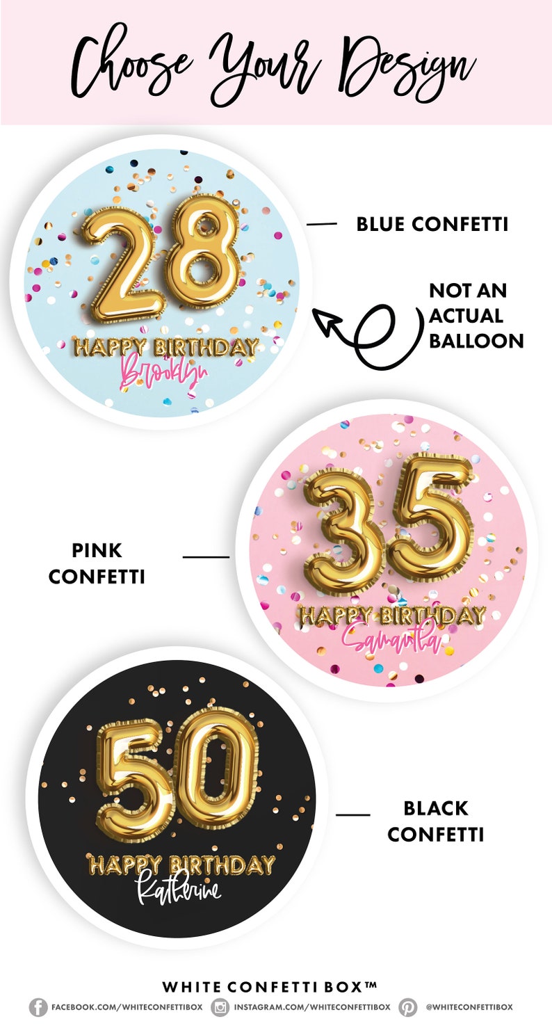 May include: Three round birthday party decorations with gold foil numbers, confetti, and a personalized name. The decorations are on a white background. The numbers are 28, 35, and 50. The confetti is blue, pink, and black.
