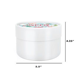 May include: A white round box with a colorful lid design. The box is 5.5 inches wide and 4.25 inches tall. The text "Mini Box Details" is at the top. The bottom of the image has the text "WHITE CONFETTI BOX".