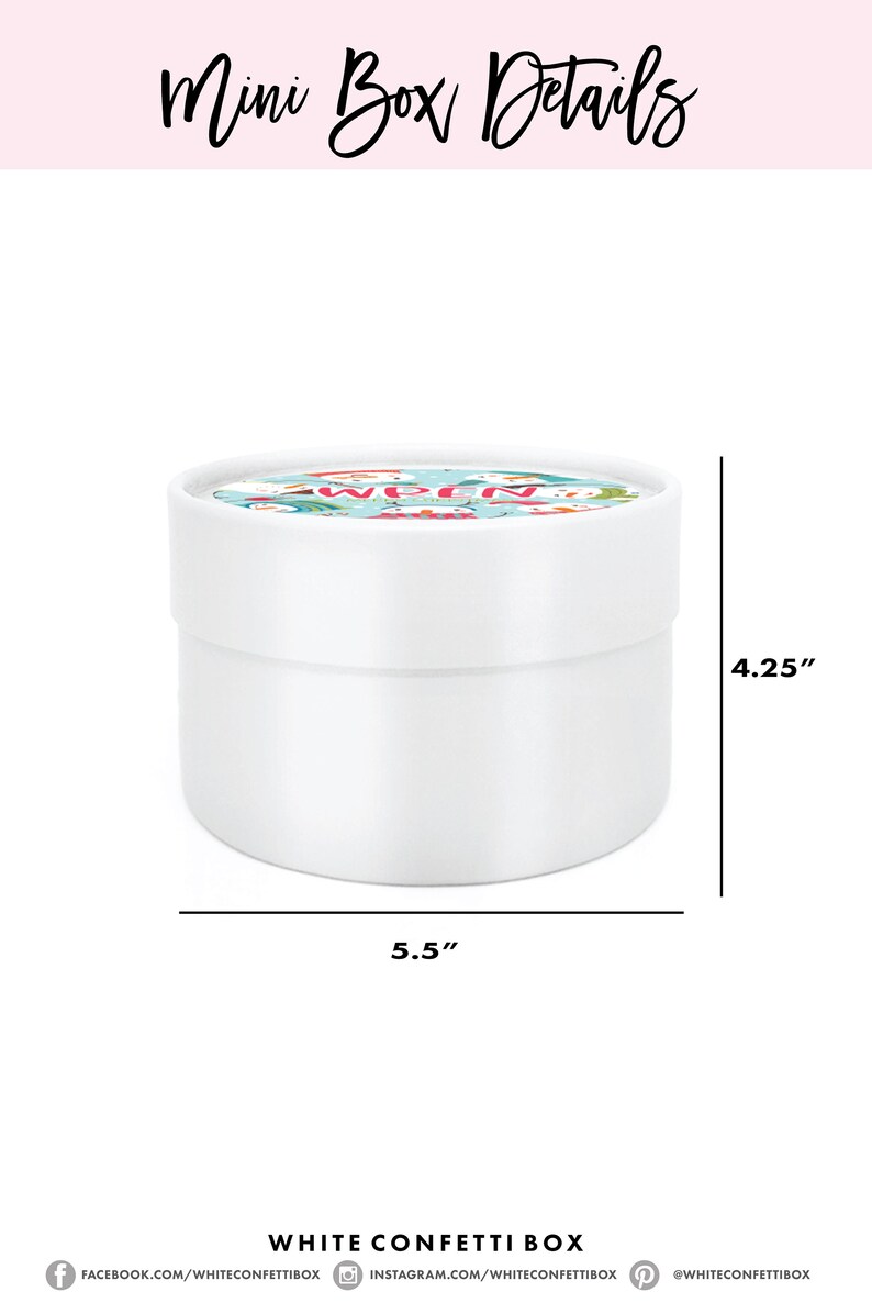 May include: A white round box with a colorful lid design. The box is 5.5 inches wide and 4.25 inches tall. The text "Mini Box Details" is at the top. The bottom of the image has the text "WHITE CONFETTI BOX".